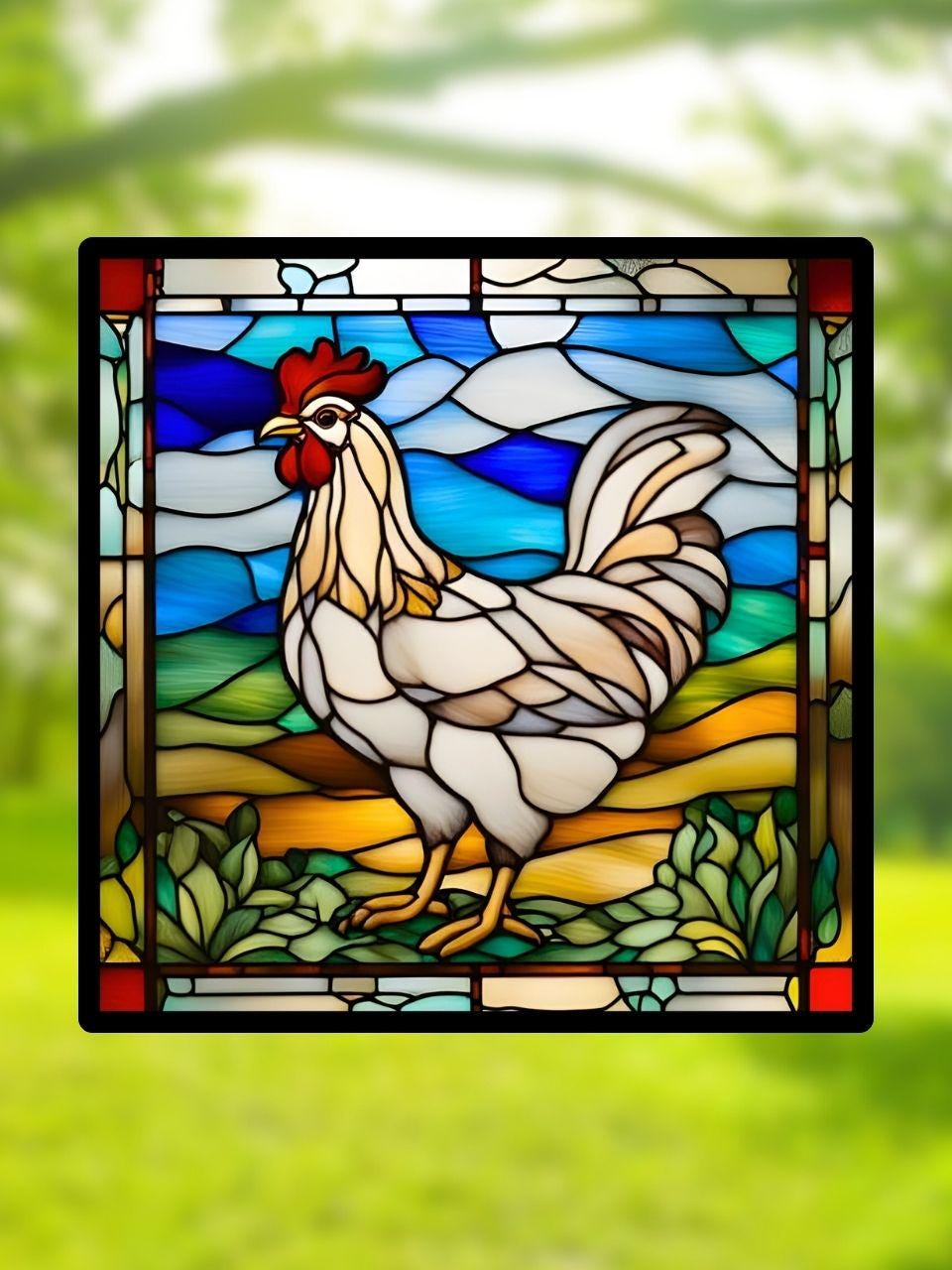 Vitrail "La poule des matins clairs" – Cette poule en vitrail, animal de la ferme, décoration lumineuse, format 14,5x14,5 cm