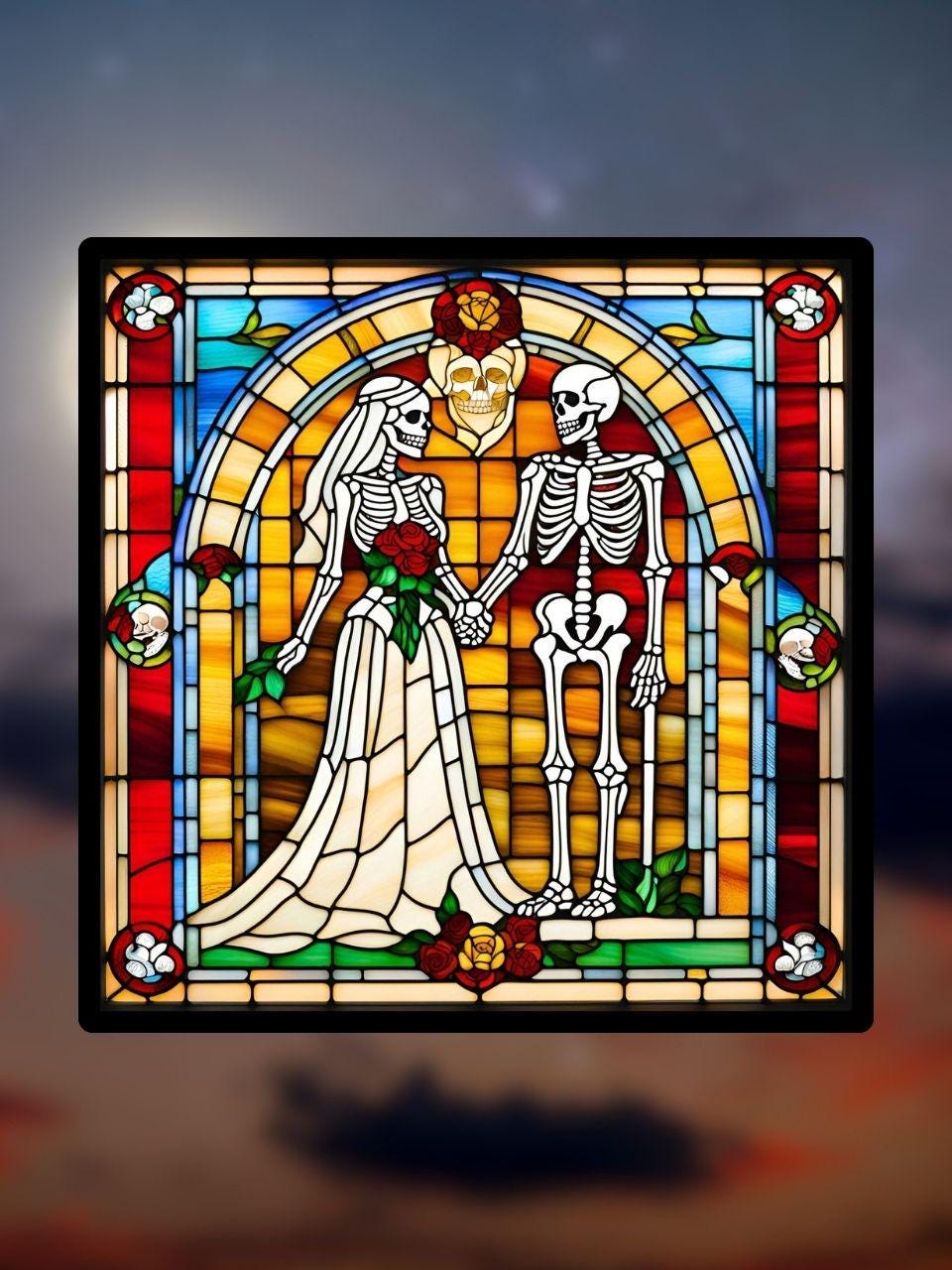 Vitrail Squelettes d’Halloween – Décoration de Vitre Gothique – Cadeau Original pour Passionnés de l’Univers Macabre