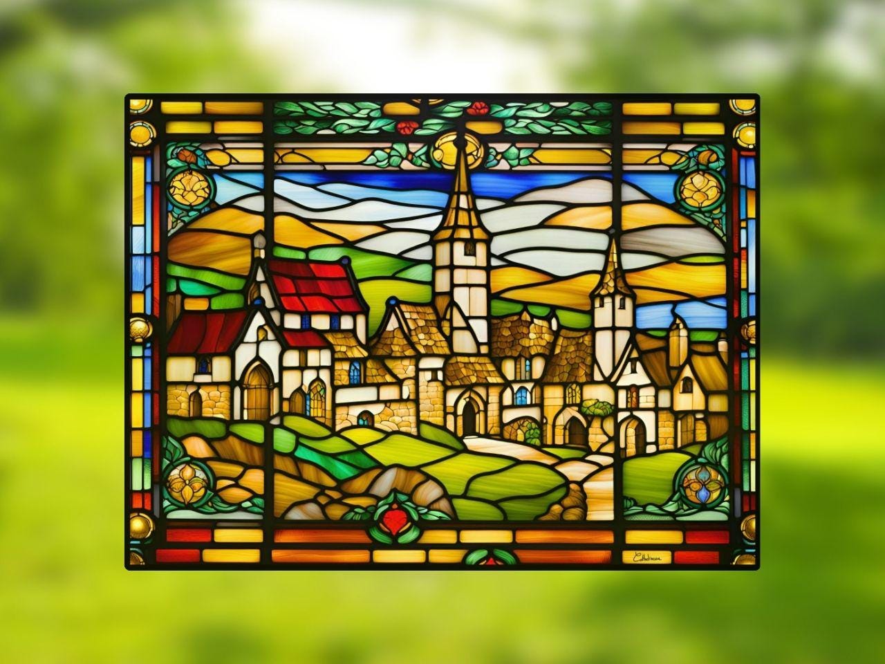 Vitrail Village Médiéval Bucolique 30x40cm – Décoration Murale Champêtre – Cadeau Art Paysager