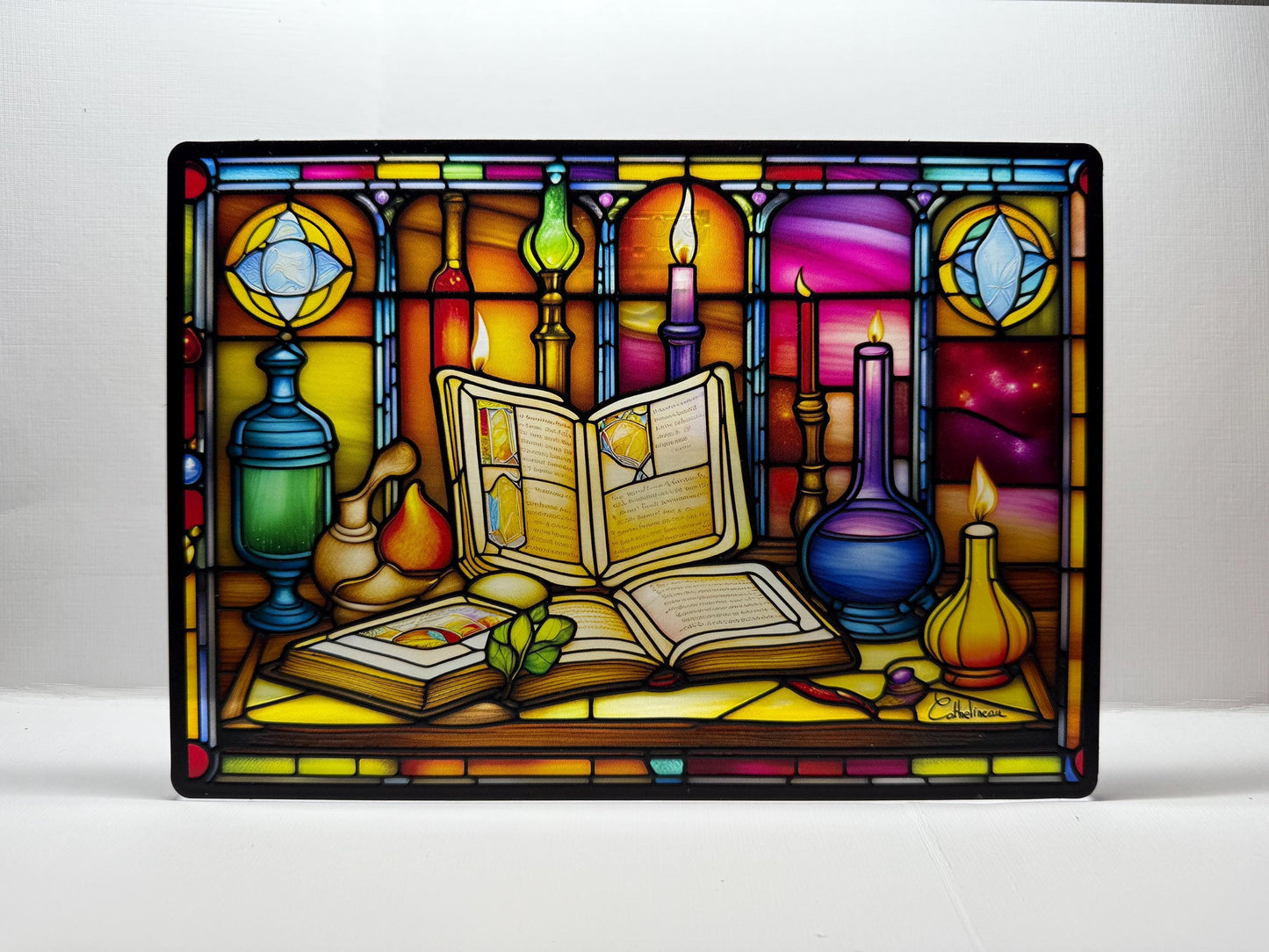 Vitrail Le Livre de Magie 210x148mm – Décoration de Vitre Inspirée de l'Univers Fantastique – Cadeau Original pour Passionnés de Magie