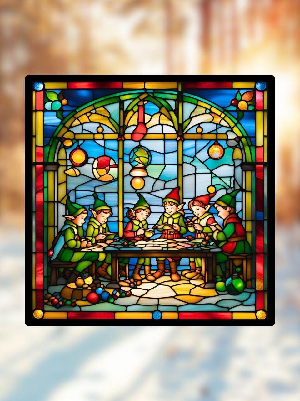 Vitrail L'Atelier du Père Noël et ses Lutins – Décoration de Vitre Festive – Cadeau Original pour les Fêtes de Fin d'Année