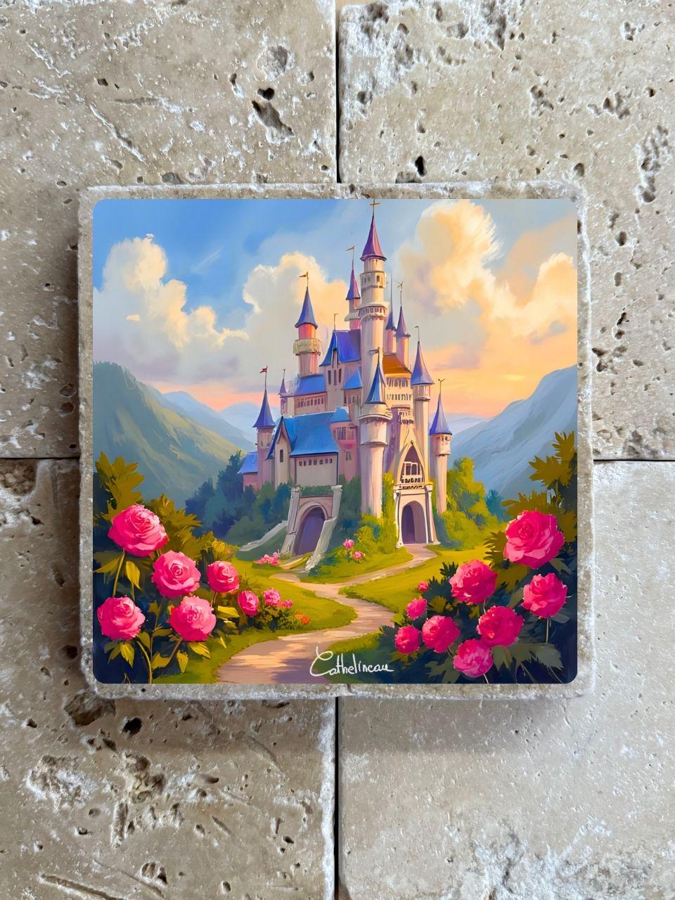 Carreau en travertin 10x10 cm – Château de conte de fées, roses romantiques, verso liège
