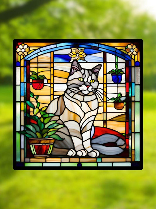 Vitrail Chat et Pots de Fleurs – Décoration de Vitre Féline – Cadeau Original pour Amoureux des Chats