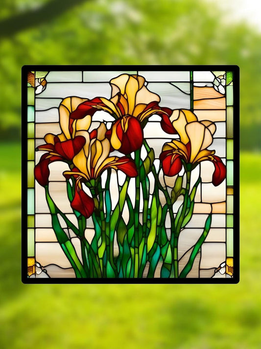 Vitrail "Les Iris" – Fleurs d’iris en vitrail art déco, format carré 14,5x14,5 cm, décoration florale lumineuse