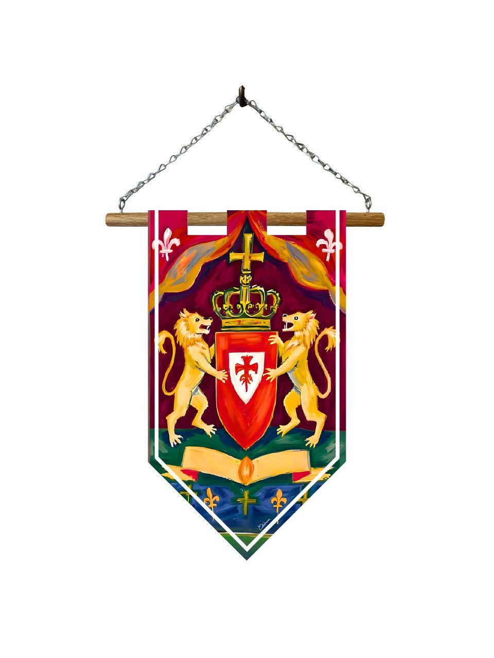 Étendard blason médiéval couronne et lions – Bannière murale toile 510g/m2 – Déco murale armoiries royales