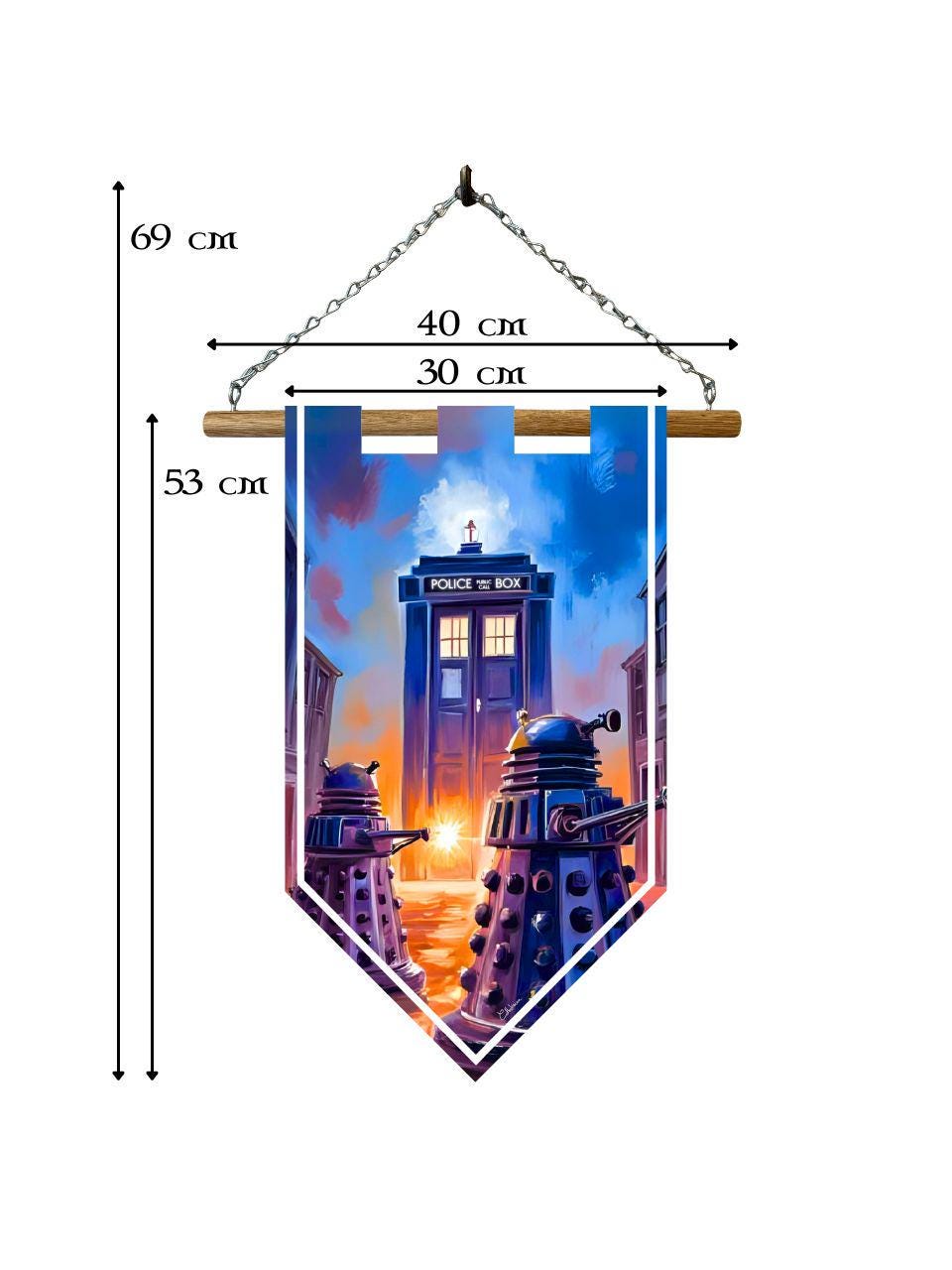 Étendard science-fiction dalek et tardis – Bannière murale toile 510g/m2 – Déco murale cabine spatiale et futuriste