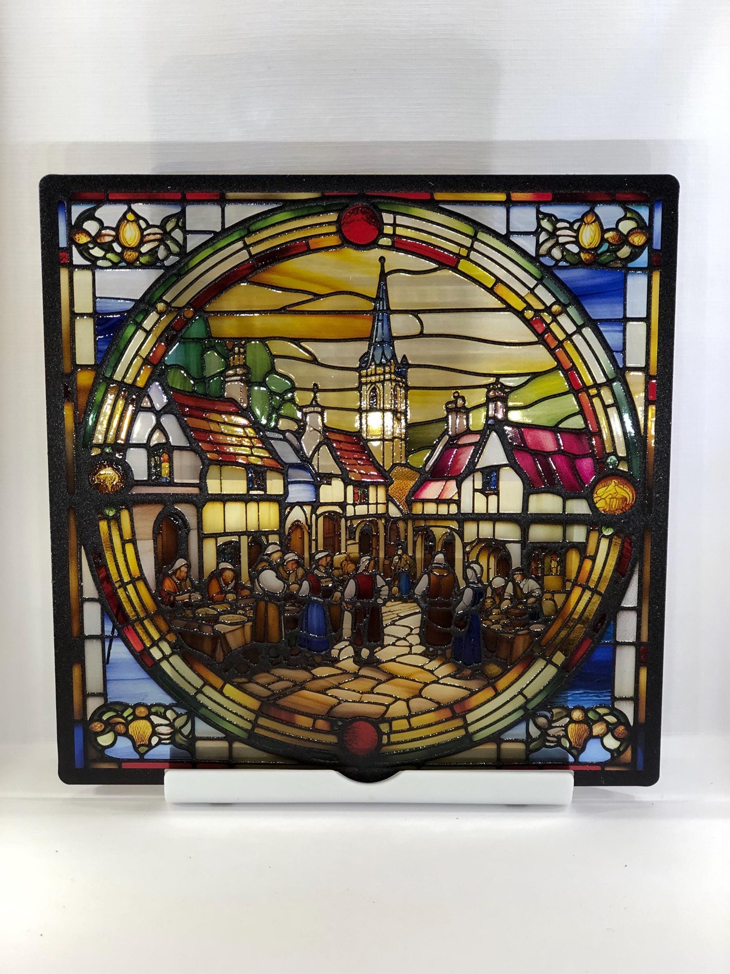 Vitrail Le Village Médiéval – Décoration de Vitre Historique – Cadeau Original pour Passionnés du Moyen Âge