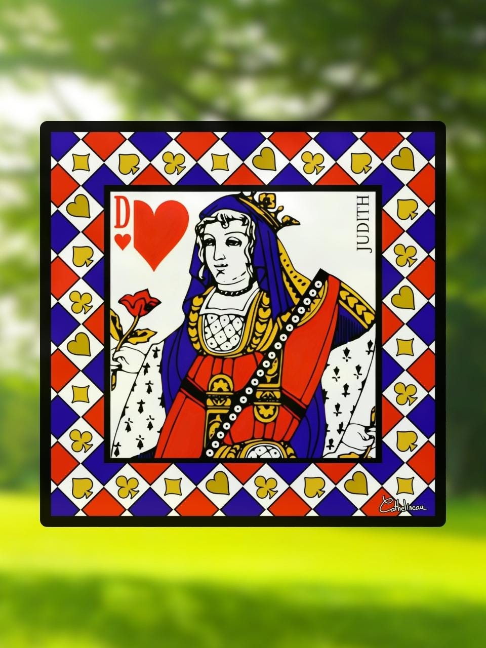 Vitrail "Dame de Cœur" – Carte à jouer en vitrail art déco, format carré 14,5x14,5 cm, décoration élégante et symbolique