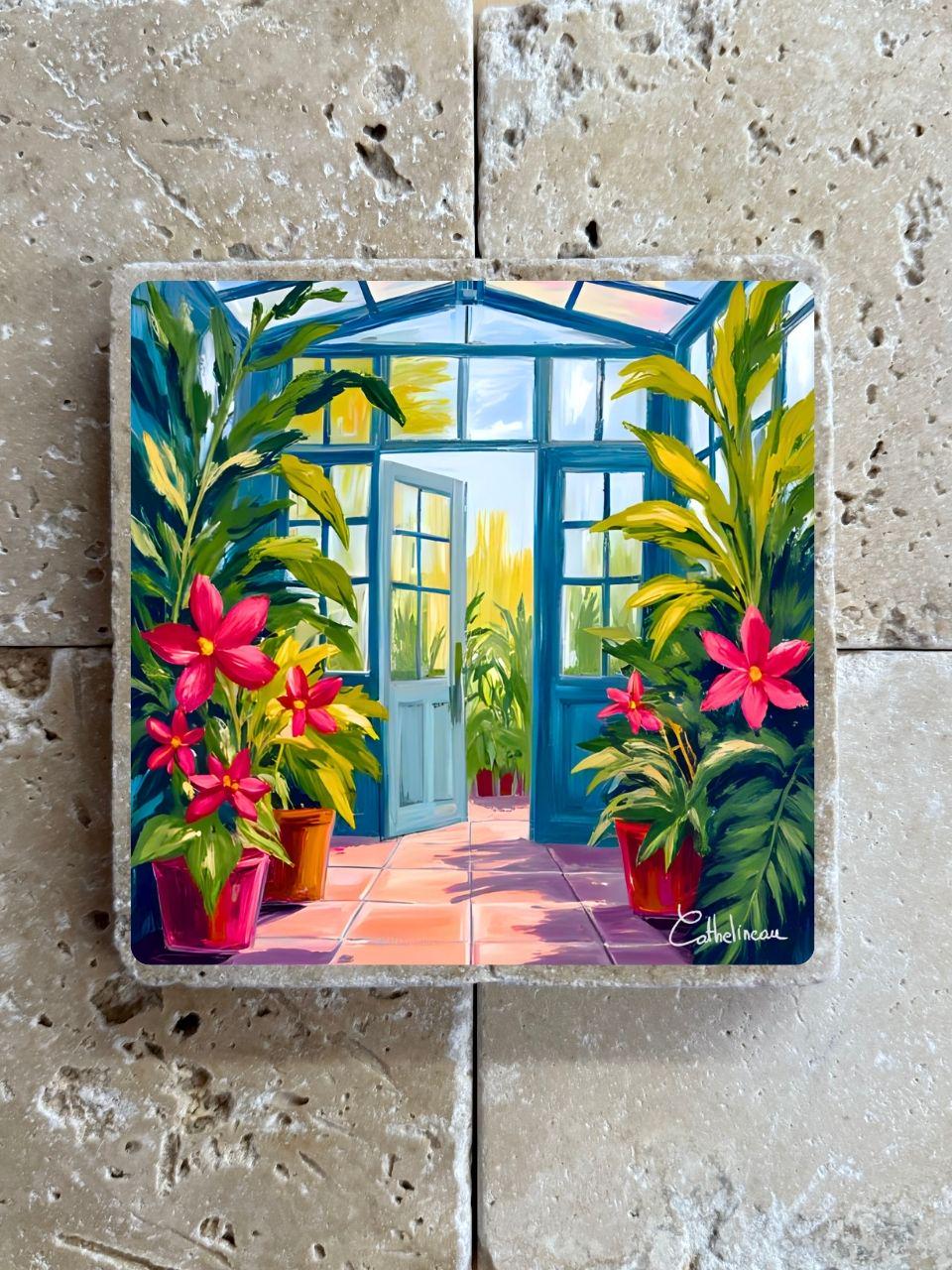 Pierre travertin 10x10 cm – Carreau décoratif véranda fleurie, verso liège