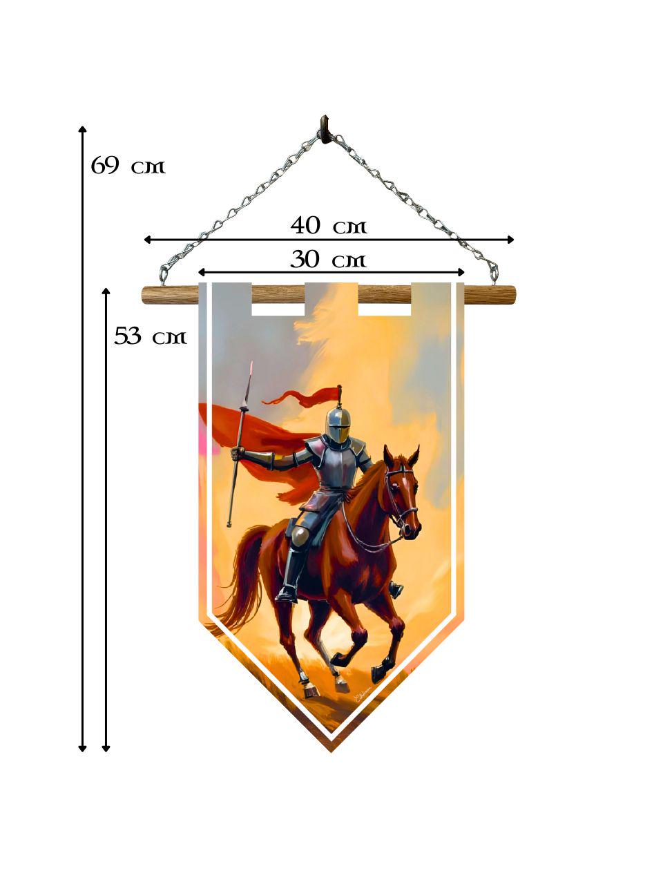 Étendard chevalier à cheval – Bannière murale toile 510g/m2 – Déco murale médiévale et chevalerie
