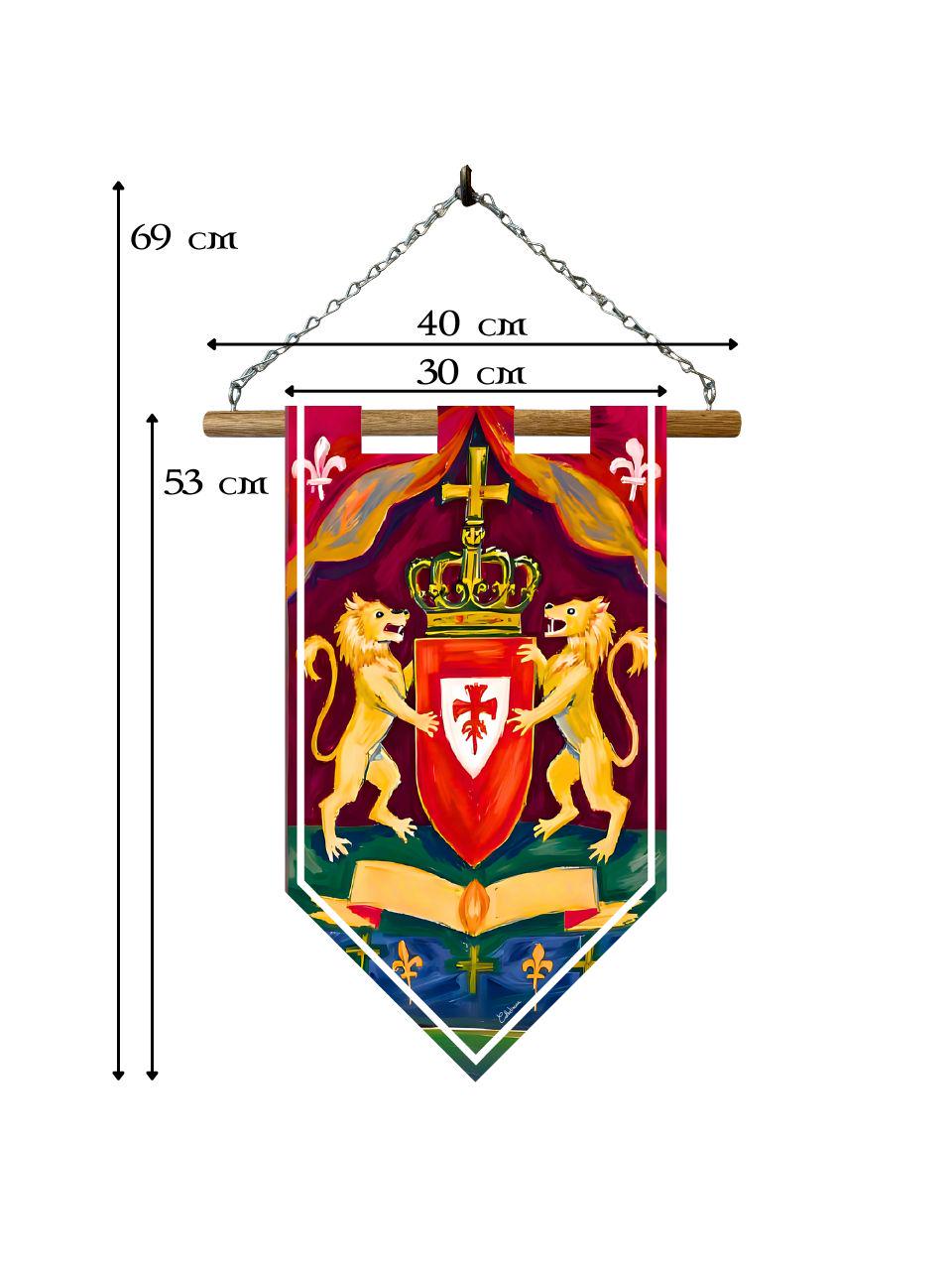 Étendard blason médiéval couronne et lions – Bannière murale toile 510g/m2 – Déco murale armoiries royales