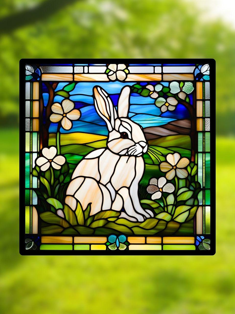 Vitrail Le Lapin Blanc – Décoration de Vitre Animalière – Cadeau Original pour Amoureux des Lapins