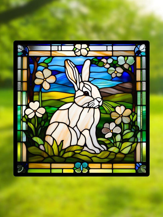 Vitrail Le Lapin Blanc – Décoration de Vitre Animalière – Cadeau Original pour Amoureux des Lapins