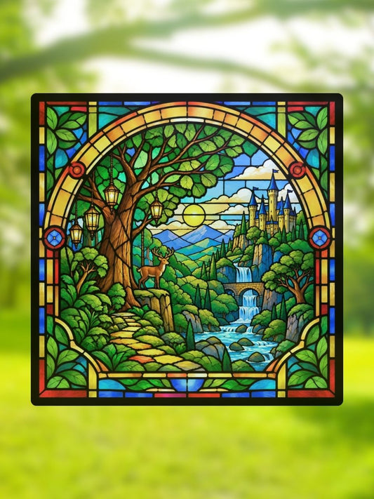Vitrail Forêt Enchantée – Château Féérique et Cascade