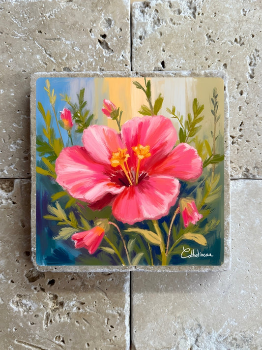Pierre travertin 10x10 cm – Carreau décoratif fleur hibiscus rose, illustration florale tropicale, verso liège