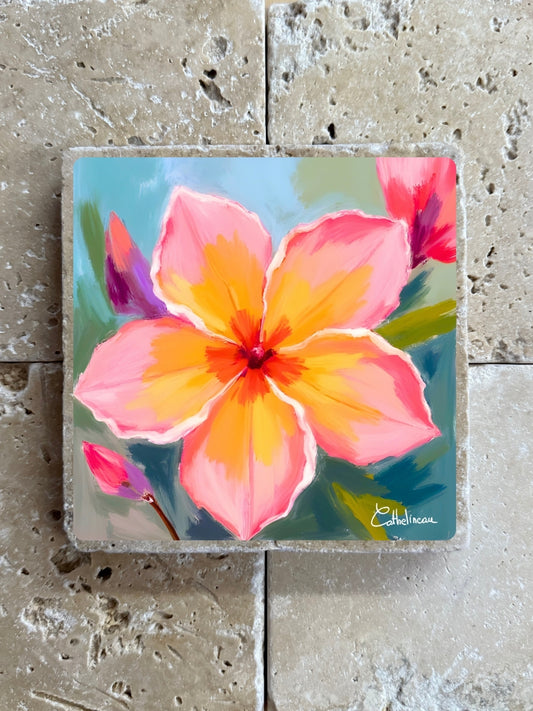 Pierre travertin 10x10 cm – Carreau décoratif fleur tropicale rose et jaune, illustration florale colorée, verso liège