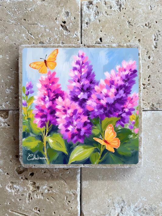 Pierre travertin 10x10 cm – Carreau décoratif fleurs violettes et papillons, illustration florale, verso liège