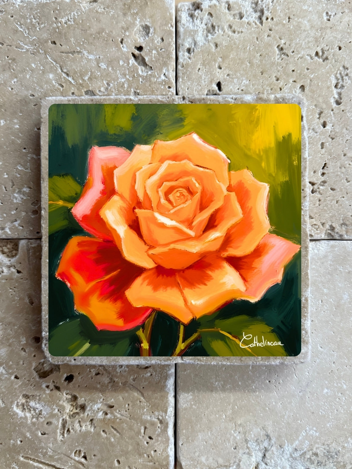 Pierre travertin 10x10 cm – Carreau décoratif rose orange et pêche, illustration florale, verso liège