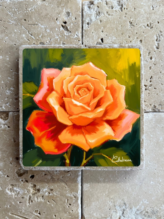Pierre travertin 10x10 cm – Carreau décoratif rose orange et pêche, illustration florale, verso liège