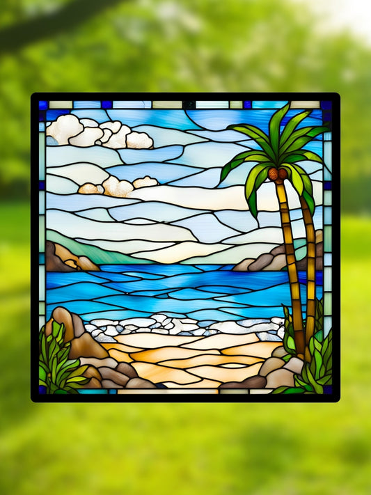 Vitrail Plage Tropicale – Décoration mer palmier paysage vitrail lumineux