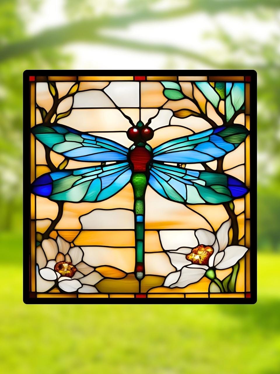 Vitrail "Libellule d’Été" – Art déco nature, vitrail carré 14,5x14,5 cm, décoration lumineuse inspirée de la nature