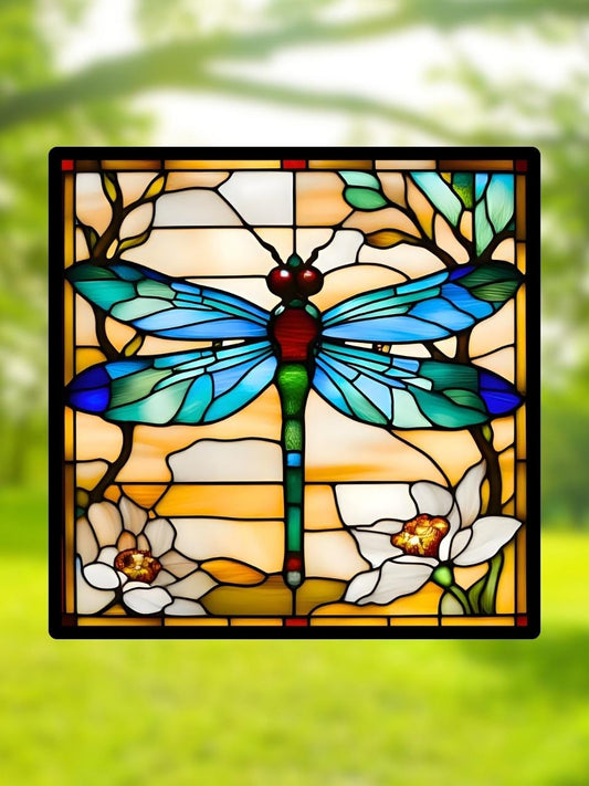 Vitrail "Libellule d’Été" – Art déco nature, vitrail carré 14,5x14,5 cm, décoration lumineuse inspirée de la nature
