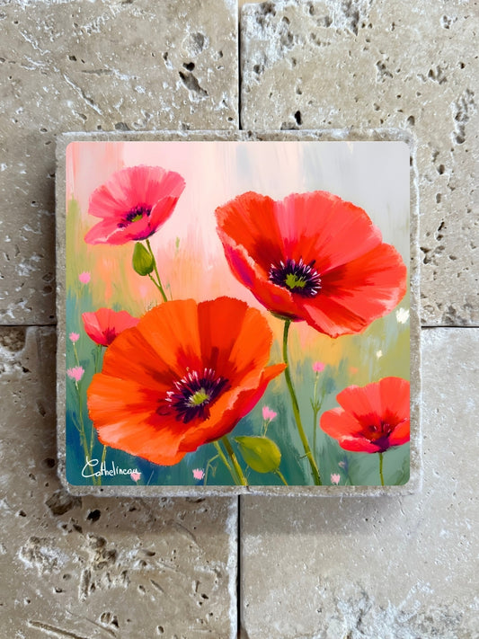 Pierre travertin 10x10 cm – Carreau décoratif coquelicots rouges, illustration florale, verso liège