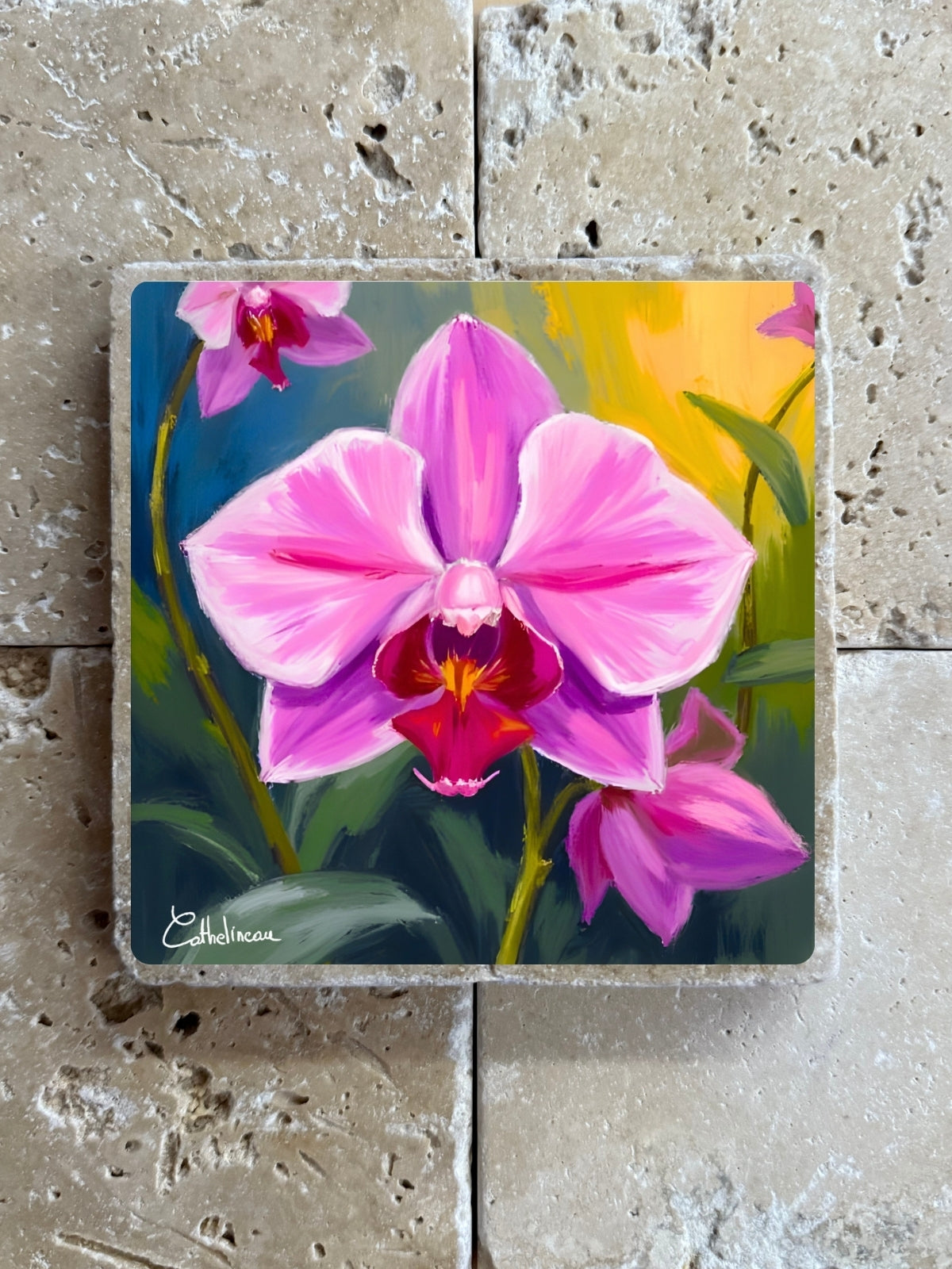Pierre travertin 10x10 cm – Carreau décoratif orchidée rose, illustration florale exotique, verso liège