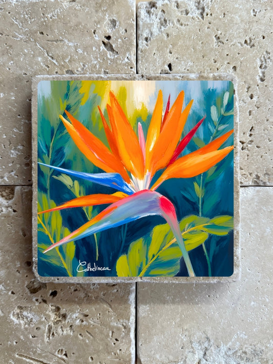 Pierre travertin 10x10 cm – Carreau décoratif oiseau de paradis, fleur tropicale colorée, verso liège