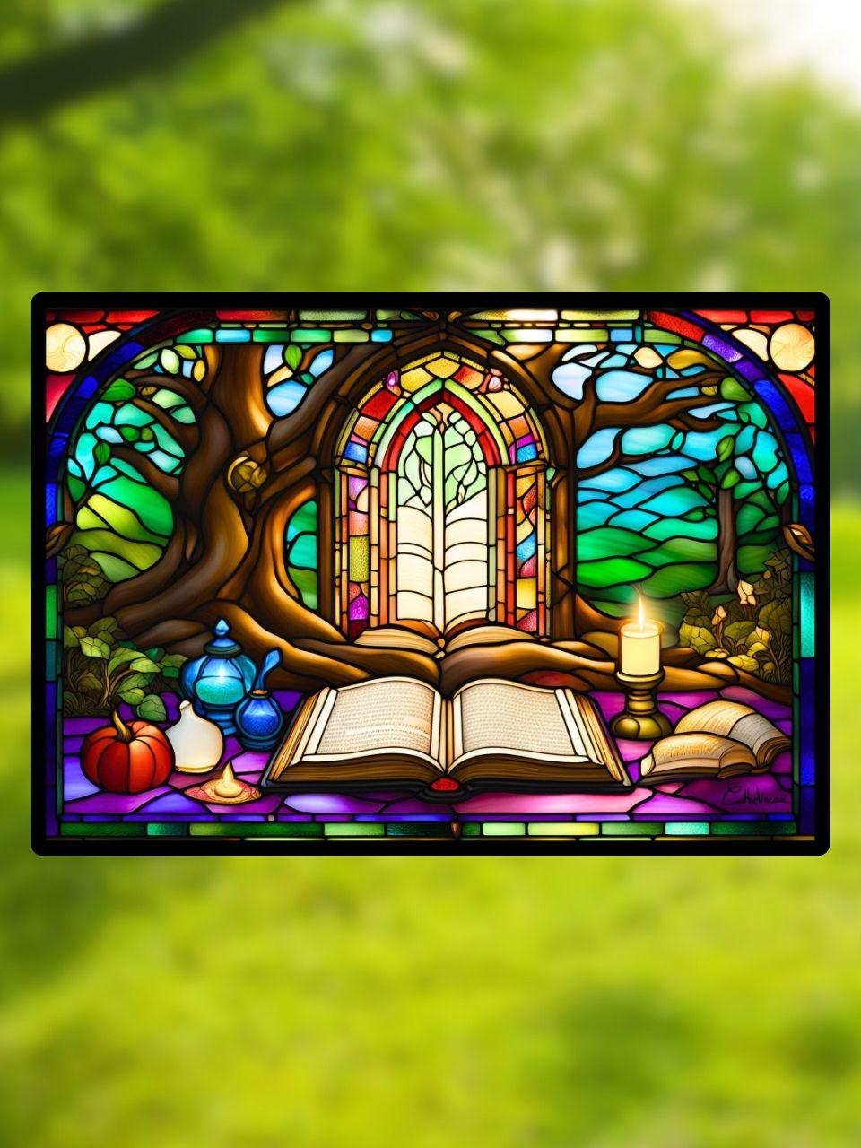 Vitrail Le Livre de Magie 210x148mm – Décoration de Vitrail Le Livre de Magie 210x148mm – Décoration de Vitre Inspirée de l'Univers Fantastique – Cadeau Original pour Passionnés de Magie