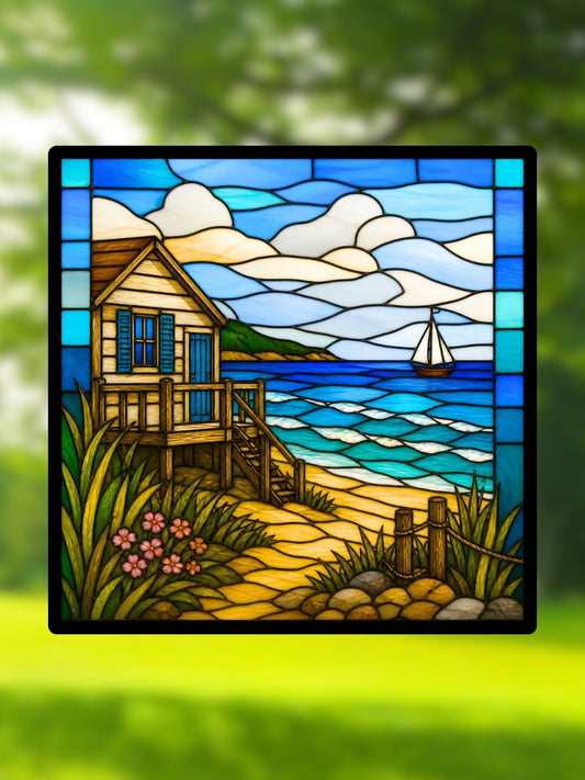 Vitrail Cabane de Plage – Décoration bord de mer maison vacances vitrail lumineux