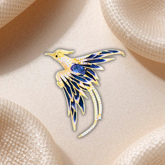 Broche Phénix Bleu et Doré – Bijou Fantastique Élégant