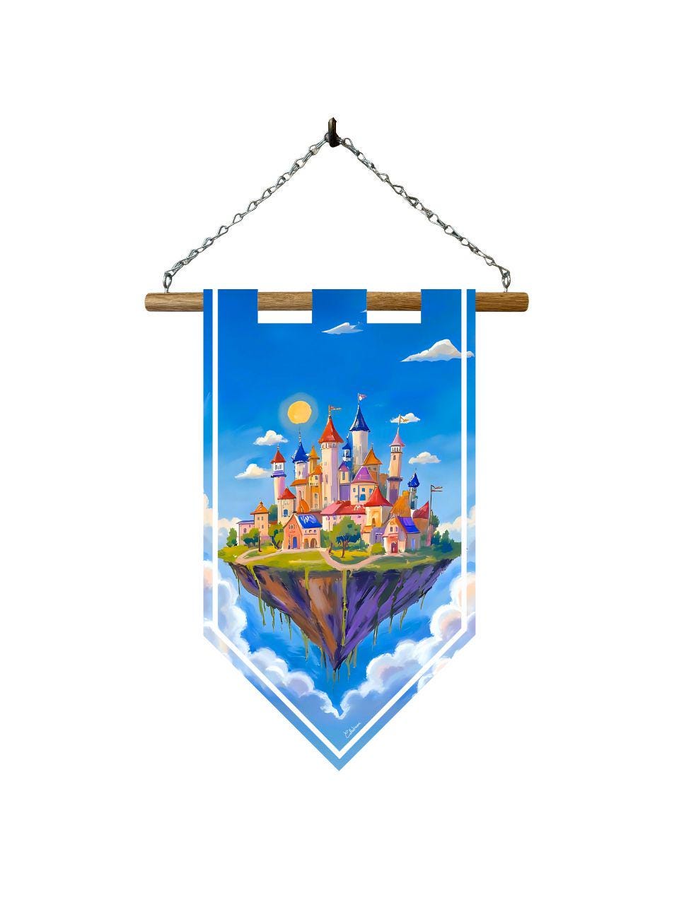 Étendard château dans le ciel flottant – Bannière murale toile 510g/m2 – Déco murale conte de fées et fantasy