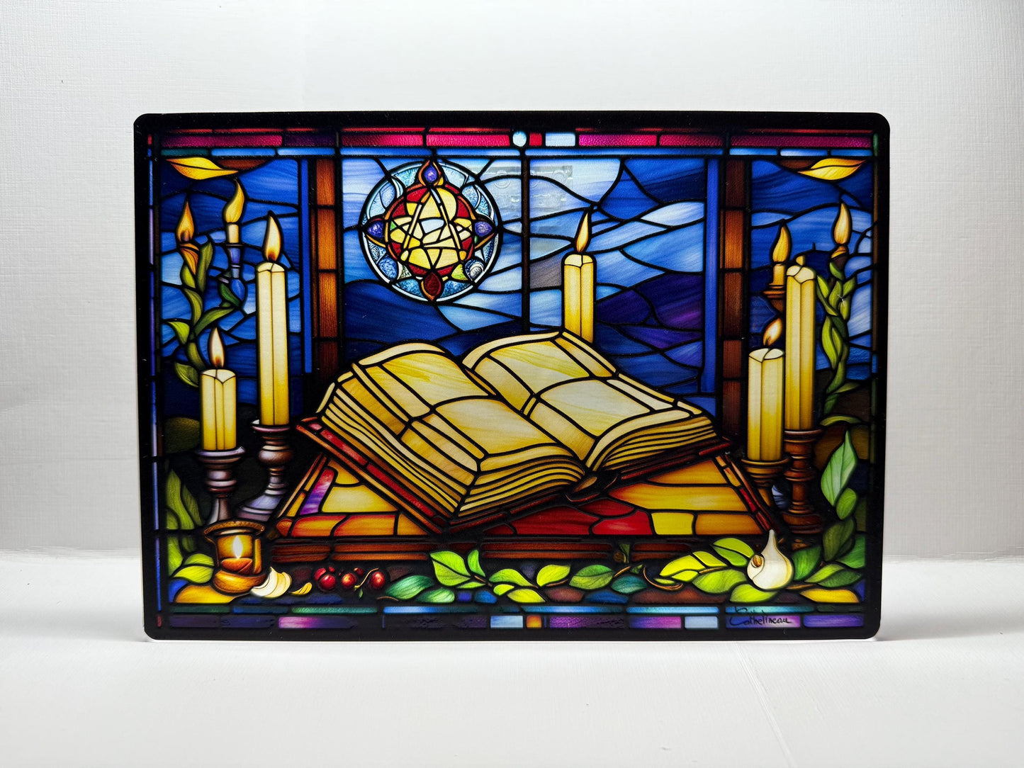 Vitrail Le Livre de Magie 210x148mm – Décoration de Vitre Inspirée de l'Univers Fantastique – Cadeau Original pour Passionnés de Magie