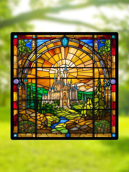 Vitrail Château Enchanté au Lever du Soleil – Décoration de Vitre Fantastique – Cadeau Magique pour Rêveurs et Amateurs de Contes de Fées