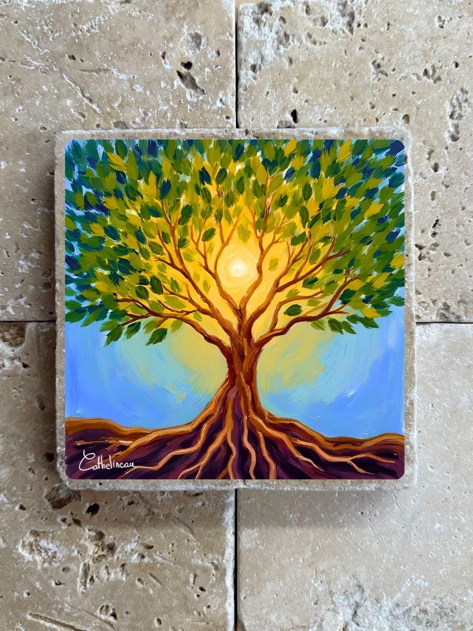Pierre travertin 10x10 cm Arbre de Vie Art – Décoration Murale Nature Énergie Lumière, verso liège