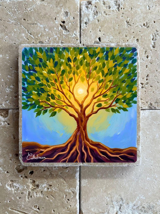 Pierre travertin 10x10 cm Arbre de Vie Art – Décoration Murale Nature Énergie Lumière, verso liège
