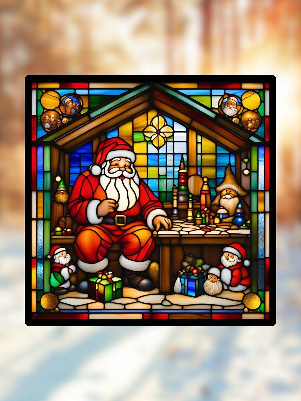 Vitrail L'Atelier du Père Noël – Décoration de Vitre Festive – Cadeau Original pour les Fêtes de Fin d'Année