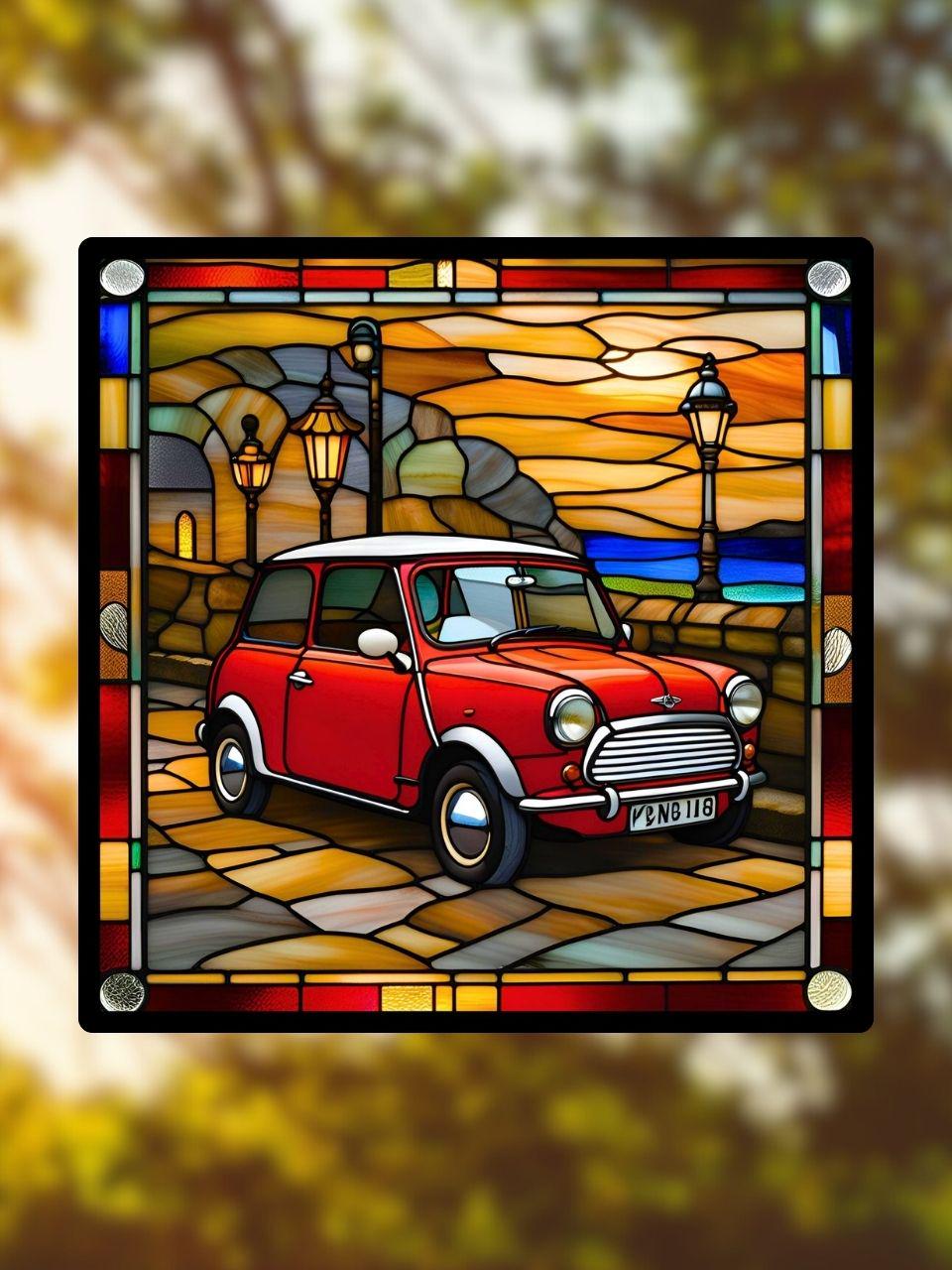 Vitrail Austin Mini rouge – Décoration vitre rétro – Cadeau voiture classique