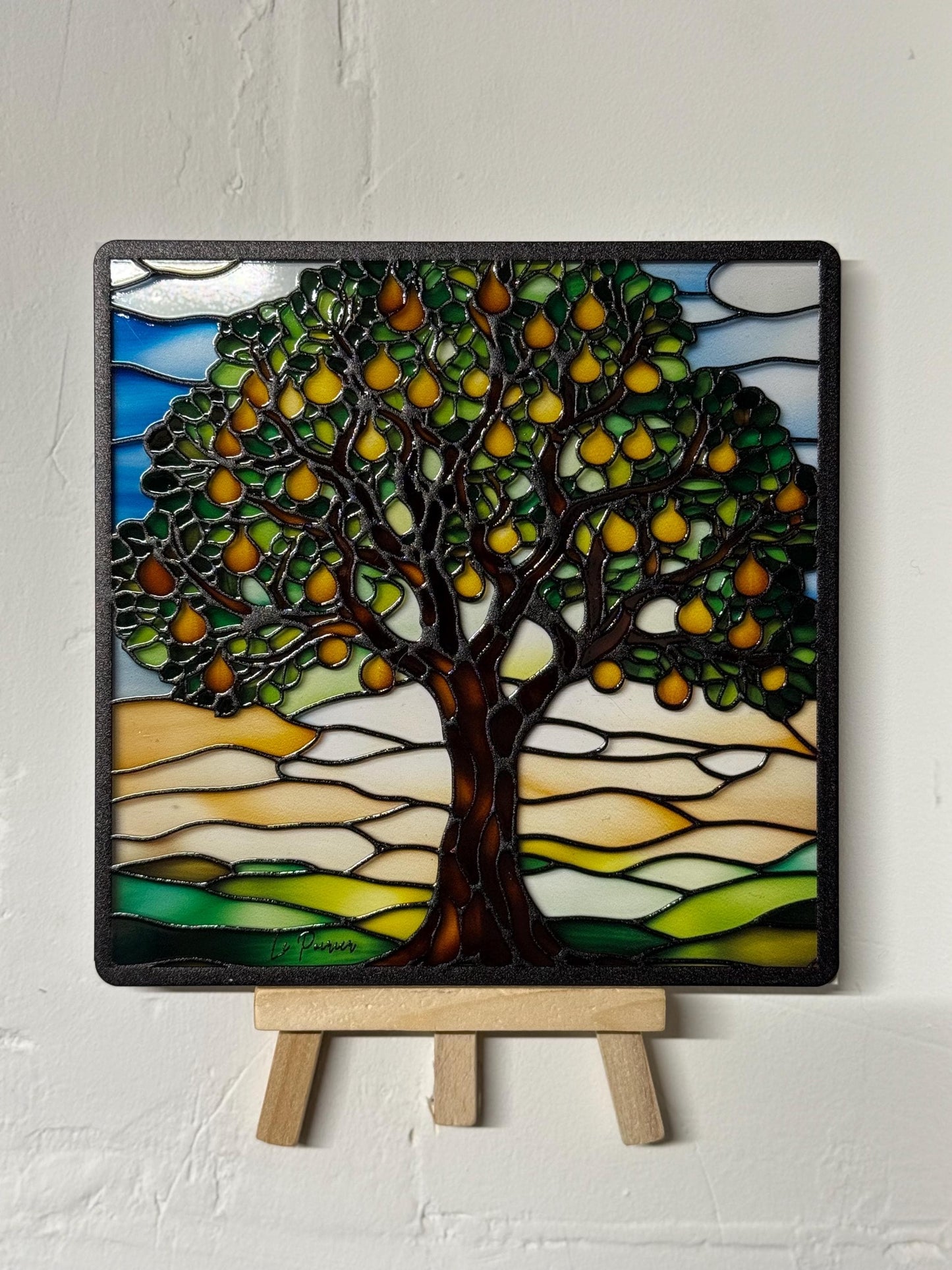 Vitrail "Le Poirier" – Arbre fruitier en vitrail art déco, format carré 14,5x14,5 cm, décoration nature lumineuse