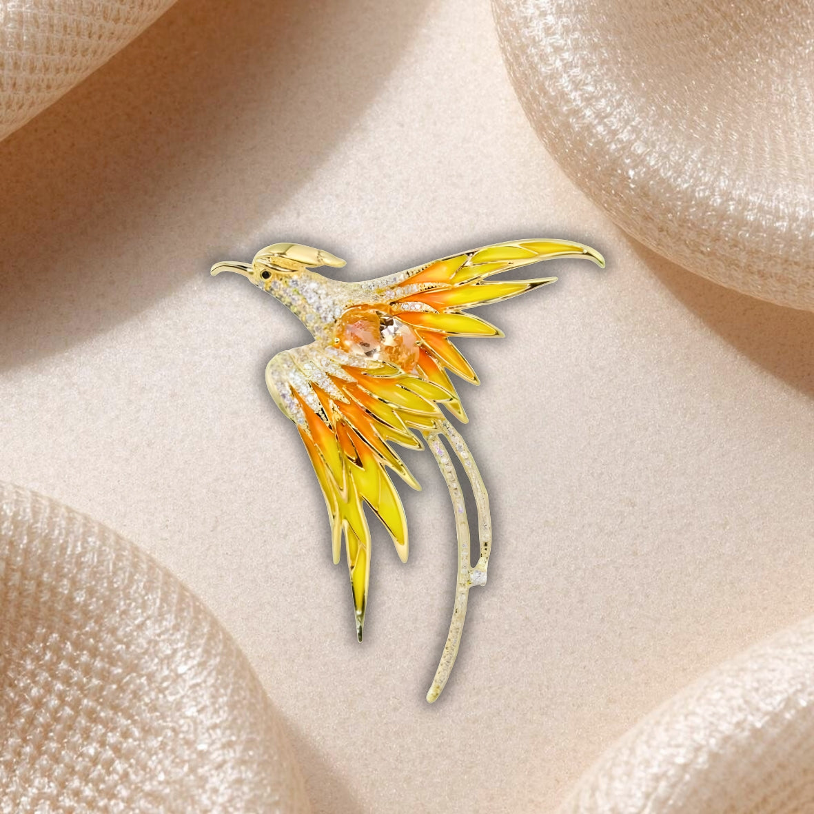 Broche Phénix de feu jaune orange et Doré – Bijou Fantastique Lumineux