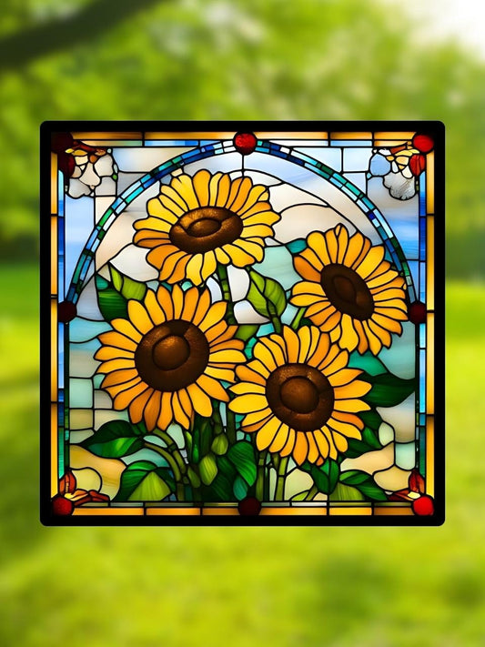 Vitrail "Tournesols" – Art déco floral, vitrail carré 14,5x14,5 cm, décoration lumineuse ensoleillée inspirée de la nature