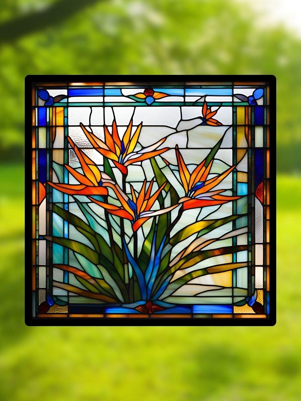 Vitrail Strelitzia – Oiseau du Paradis – Décoration de Vitre Tropicale – Cadeau Art Floral