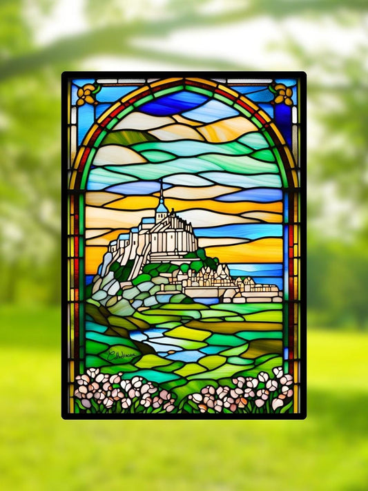 Vitrail Le Mont-Saint-Michel 148x210mm – Paysage iconique en vitrail art déco, , décoration lumineuse