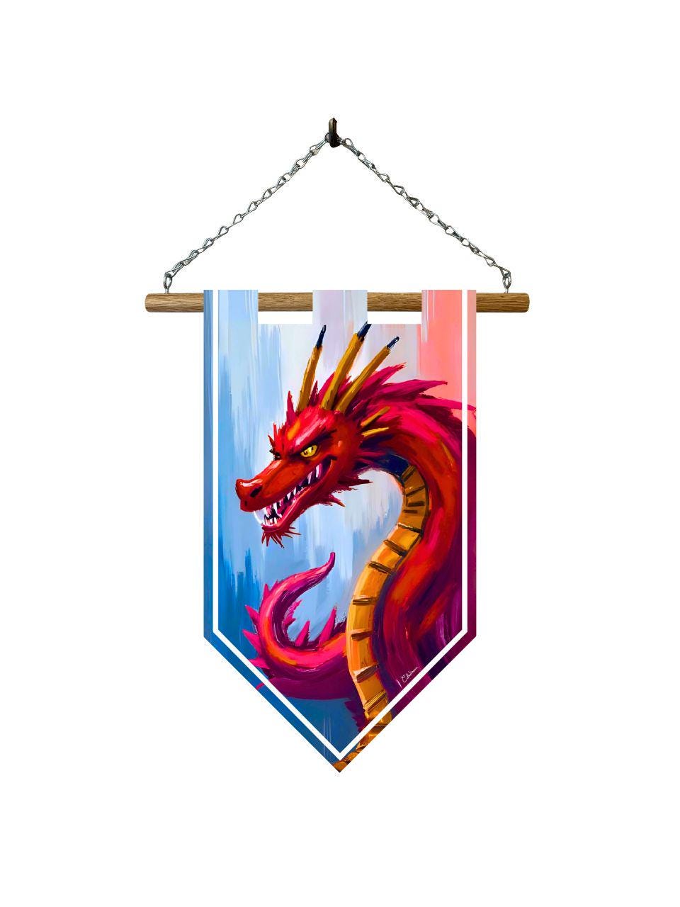 Étendard dragon rouge – Bannière murale toile 510g/m2 – Déco murale créature mythique et fantasy