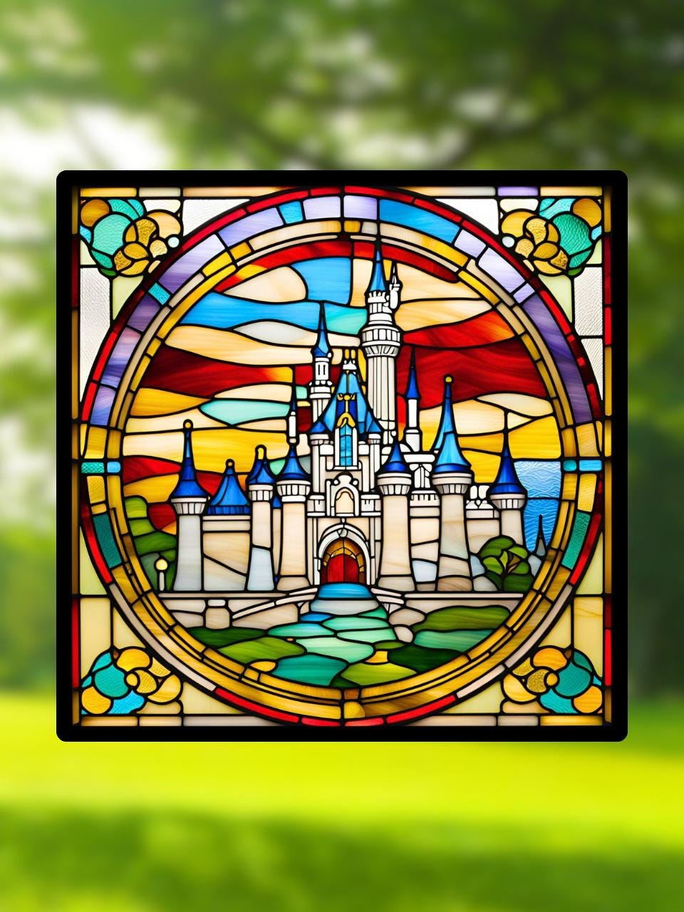 Vitrail Château féerique – Décoration de Vitre Féérique – Cadeau Original pour Passionnés de Contes de Fées