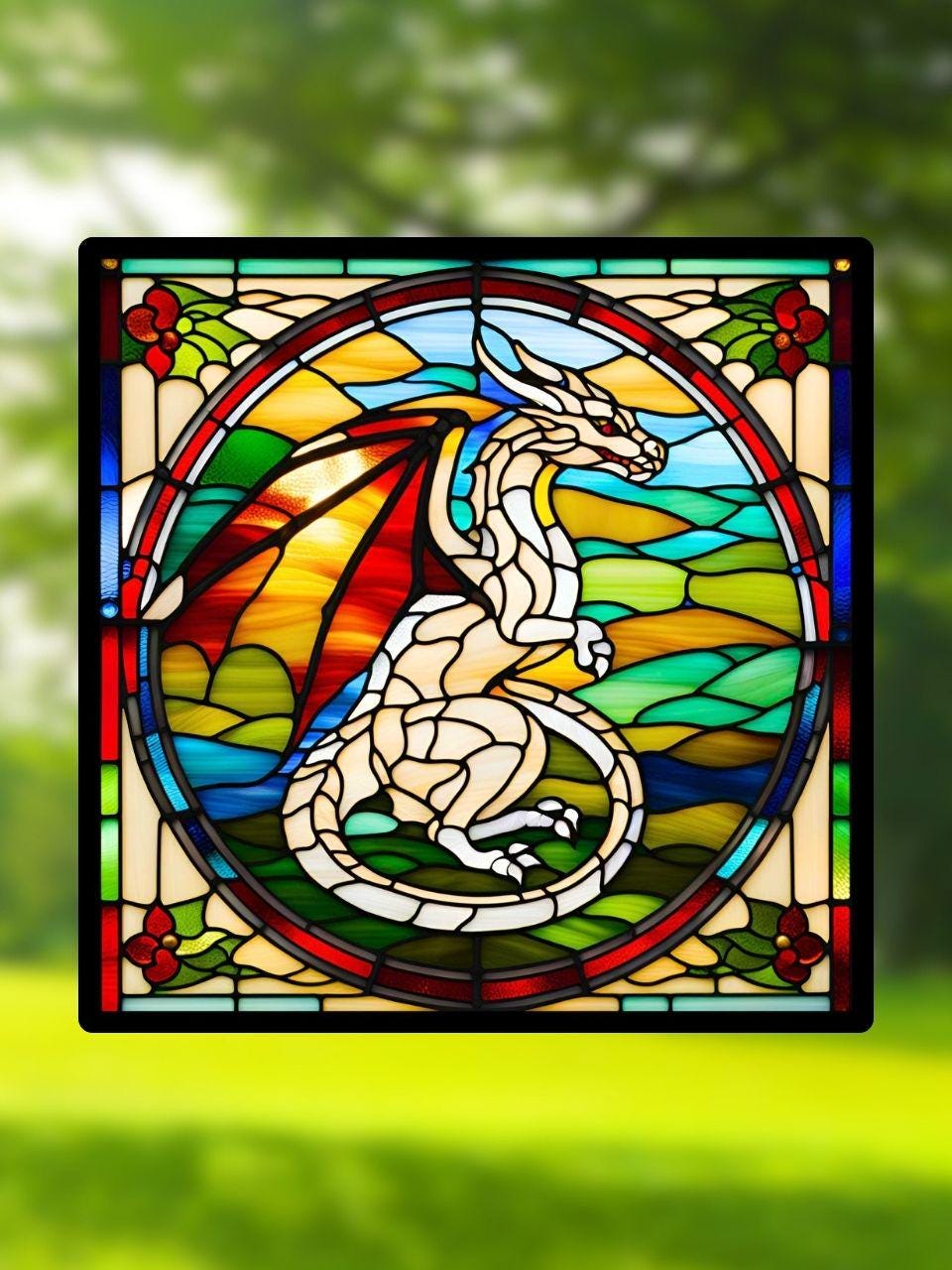 Vitrail Dragon Blanc – Décoration de Vitre Mythique – Cadeau Original pour Passionnés de Créatures Légendaires