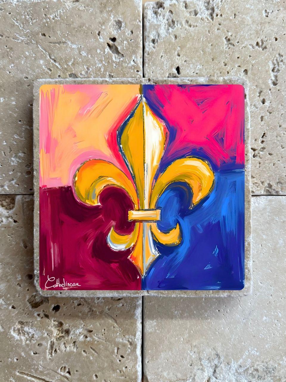 Pierre travertin 10x10 cm – Carreau décoratif fleur de lys multicolore, verso liège