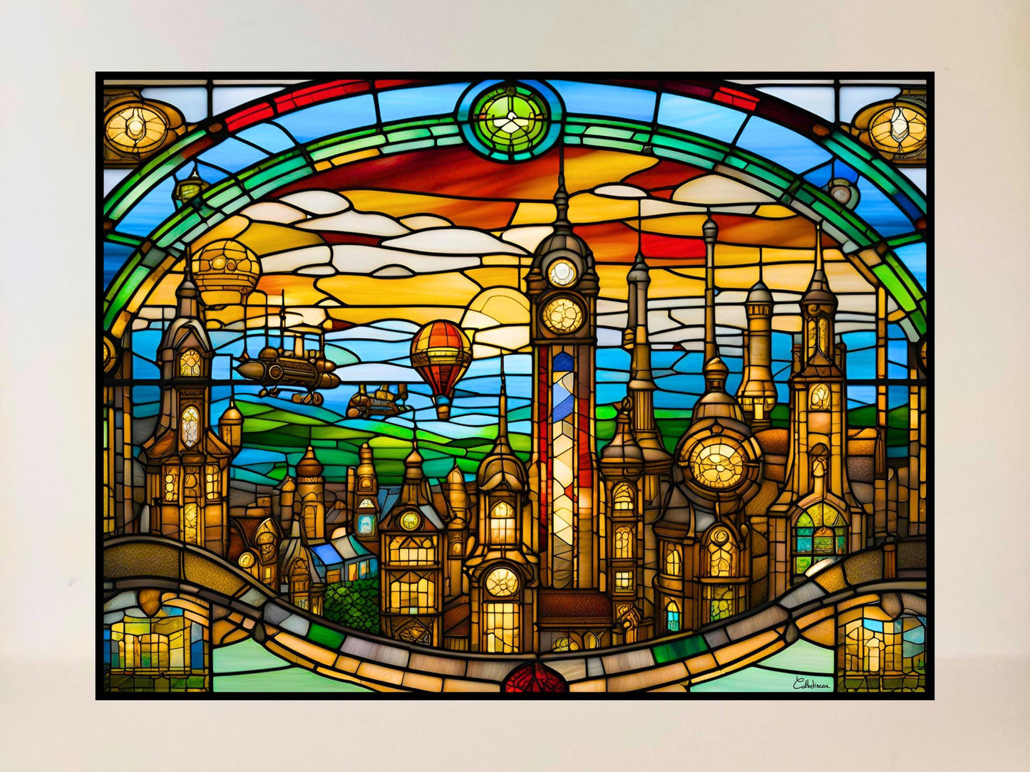 Vitrail Ville Steampunk 40x30cm – Décoration vitre rétro-futuriste – Cadeau original
