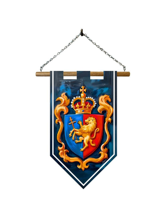 Étendard blason royal – Bannière murale toile 510g/m2 – Déco murale lion doré et couronne médiévale